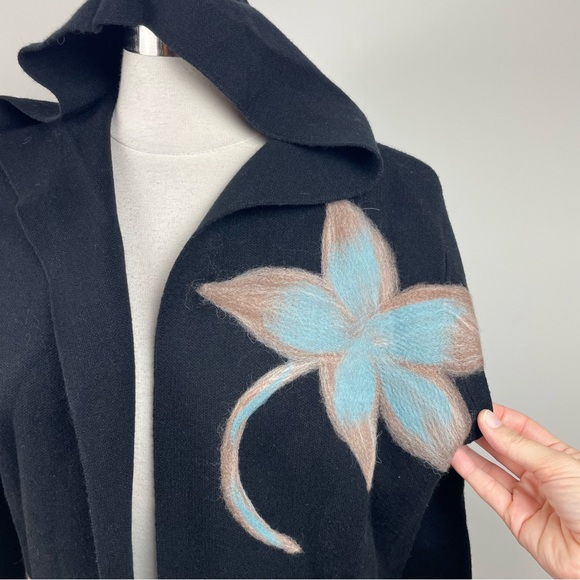 Sioni Black Blue Brown Floral Hooded Sweater Long Sleeve Knit Women Large - Picture 3 of 7